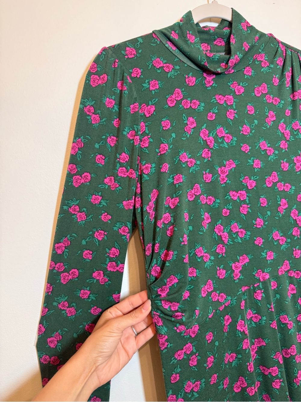 ModCloth Whimsy Goth Floral Print Dress, Mock Neck Long Sleeve Rouched Detail L - Picture 4 of 10